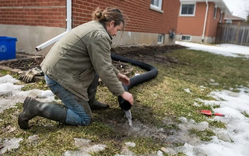A downspout extension carrying roof water across a snowy lawn away from a brick house with a clear sump discharge line nearby
