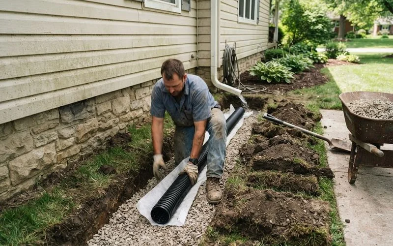 A trench with perforated drain pipe in clean gravel running along the side of a house with a downspout extension in the background