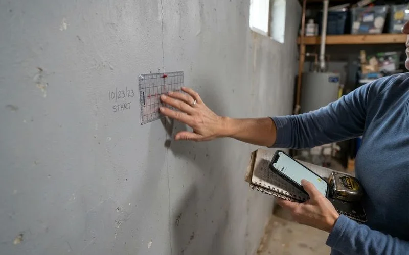 A homeowner placing a small crack gauge across a vertical hairline crack in a poured concrete basement wall with a flashlight