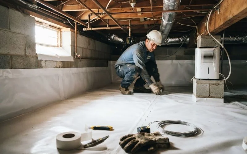 A crawl space with white vapor barrier liner running up the foundation wall and a small dehumidifier mounted near the access hatch